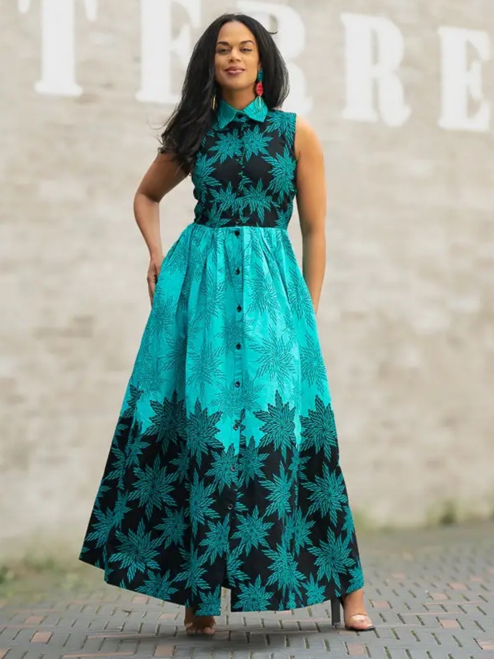 Sleeveless Collared Teal Floral Maxi Dress